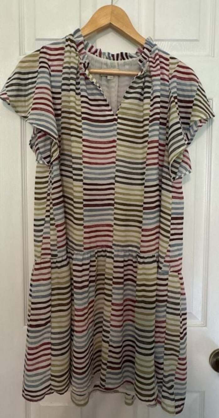 NWOT  LOFT Geo Stripe Drop Waist Ruffle Neck Shift Dress, small